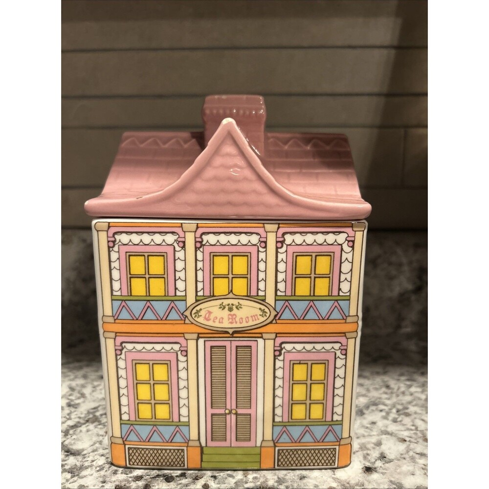 Vintage Avon Tea Room Townhouse Collection Ceramic Canister Pink Roof House